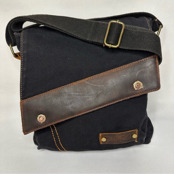 Auger Canvas Leather Crossbody Messenger Bag Black Unisex - Picture 2 of 13